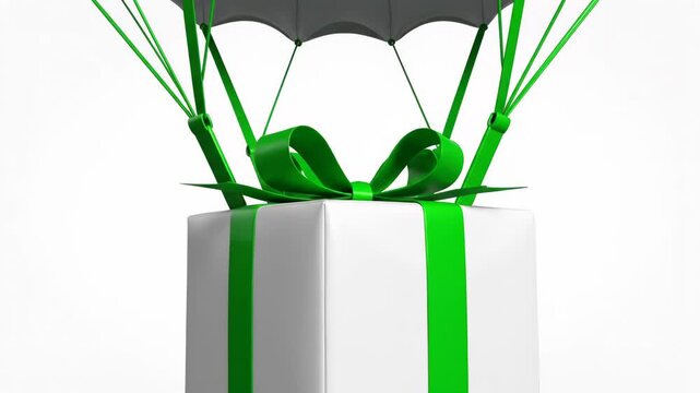 A white gift box with green ribbon and a parachute on top isolated on white background