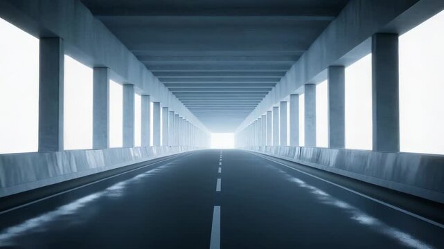 Expansive concrete tunnel or underpass creates a vanishing point perspective on an open road, symbolizing a journey, future, or discovery with bright light beckoning at the end