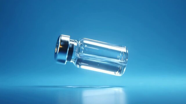 Floating Glass Vial with Metal Cap on Blue Background, Sterile Medical Minimal Laboratory Science, Transparent Pharmaceutical Container, Clean Modern Healthcare, Cool Futuristic Reflective Isolated