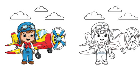 Cute girl pilot standing in front of airplane, vector illustration with black and white coloring page outline for kids.