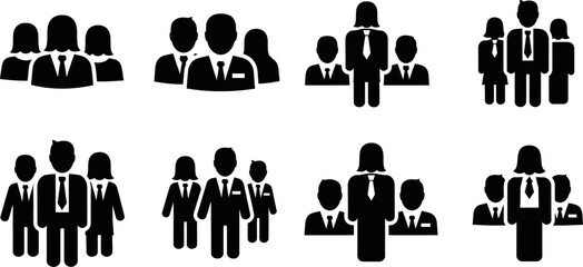 Collection of various business team silhouettes in different poses and formations standing together
