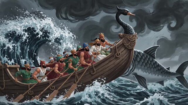 Divine Matsya Avatar Guiding Ornate Boat of Sages in Hindu Mythological Scene. Matsya Avatar of Vishnu &ndash; Divine Fish Incarnation Guiding Sages on Sacred Boat. 