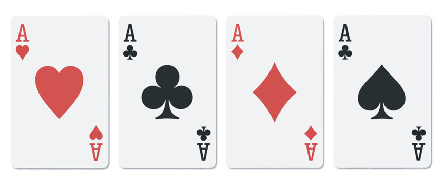 Set of four ace cards, hearts, clubs, diamonds, spades, standard deck, isolated on white, playing cards, poker, blackjack, gambling, suit symbols, card game, deck illustration
