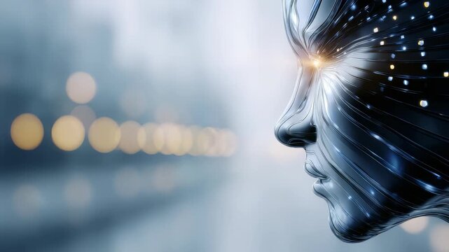 Close up of a cybernetic humanoid face with illuminated eyes, symbolizing the future of AI and robotics. Digital transformation and intelligent systems in a high tech, futuristic environment