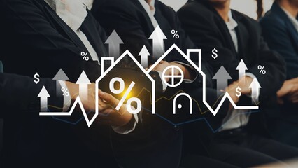Business professionals analyzing real estate market trends with financial growth indicators and...