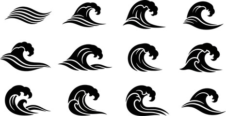 Fototapeta premium collection of various wave icons in black color on white background
