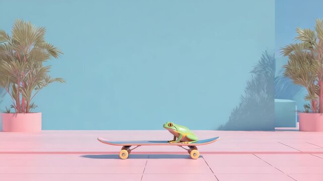 Frog Skateboard Pastel Minimal Plant Outdoor Playful Animal Modern Blue Background with Green Frog on Skateboard in Pastel Tropical Plant Setting, Surreal Summer Vibe, Whimsical Modern Outdoor Scene