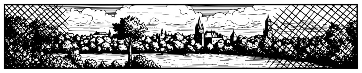 Naklejka premium Vintage engraving style panorama of a riverside town with trees and old buildings