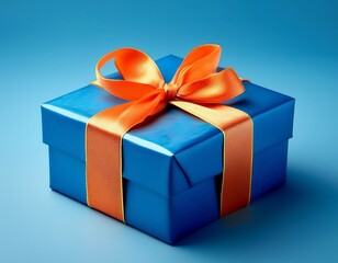 Fototapeta premium a bright blue gift box with an orange ribbon