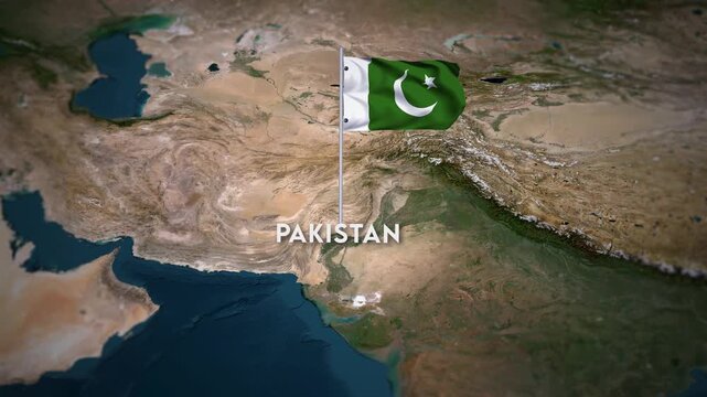 The Flag of Pakistan on the World Map, the Pakistan flag waving on the 3d map animation 4K