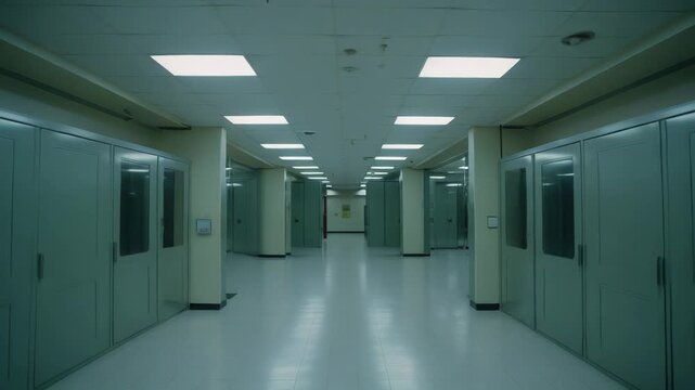 Empty hospital corridor featuring long rows of pale green lockers with dark handles, a clean white floor, and bright overhead fluorescent lighting creating a sterile, quiet atmosphere