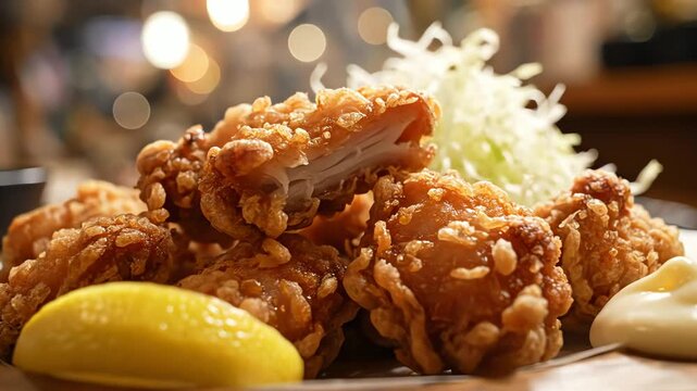 Close up of golden fried food with condiments and shredded vegetables on a wooden surface