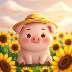 ひまわり畑の小さな豚さん