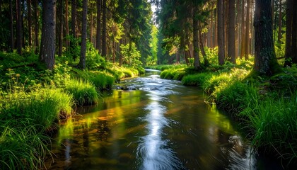 Obraz premium Río sereno atravesando bosque verde con reflejos y luz suave de amanecer