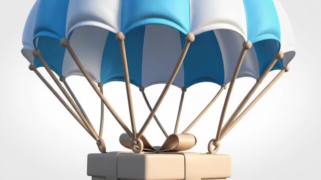 A beige gift box with a red heart on it flying through the air with a blue and white parachute isolated on white background