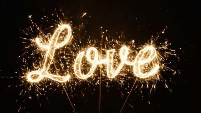 Sparks form the word love as they light up the night sky during a celebration in an outdoor setting