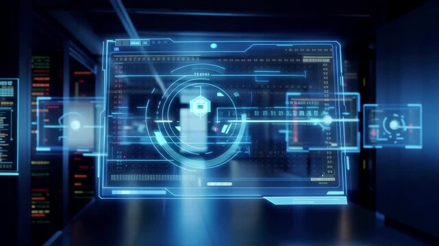 Futuristic digital interface display showing data and charts with glowing blue accents, useful for tech presentations.