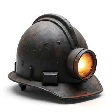 Vintage coal miner helmet with headlamp and dust texture isolated  