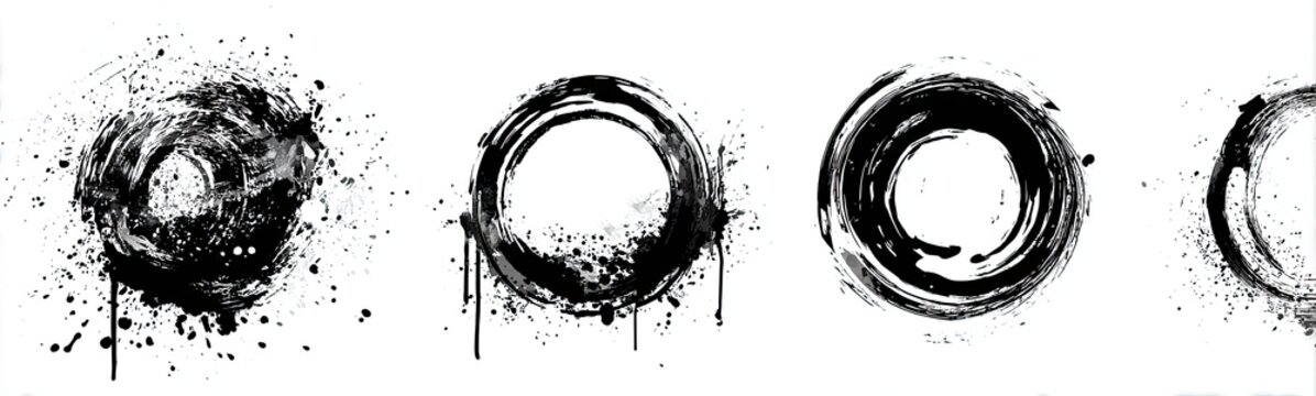 Four black ink brush circles with splatters and drips on white