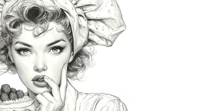 Retro-style sketch of a female chef with curly hair and a toque, holding a berry tart. Elegant, minimalist black and white line art on a white background.