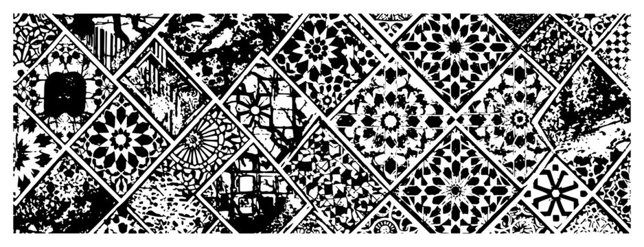 Collection of vintage decorative tiles with floral patterns in distressed engraving style
