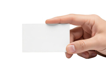 Obraz premium Hand holding a blank white card ideal for mockup presentations on transparent background