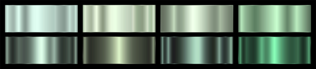 A set of green metallic gradients on a black background. The texture of metal, foil, shiny background. Vector EPS 10. © Helga1
