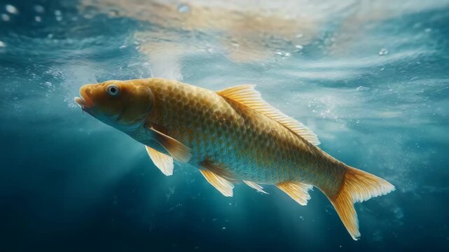 Golden fish swimming underwater with sunlight filtering through clear blue water, shimmering scales, vibrant aquatic nature, peaceful freshwater habitat, serene scene, healthy wild environment