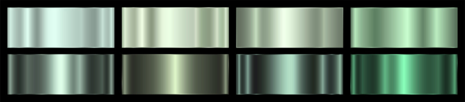 A set of green metallic gradients on a black background. The texture of metal, foil, shiny background. Vector EPS 10.