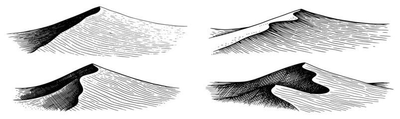 Collection of hand drawn desert sand dunes in a vintage engraving style © Cristiano