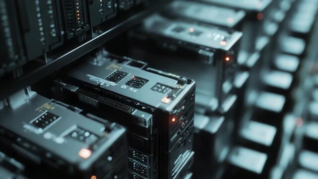 Server units stacked in a data center, processing information and providing a critical backbone for digital infrastructure, technology, and cloud computing