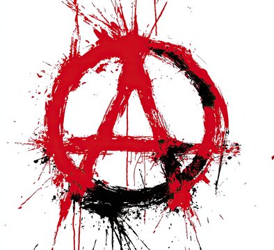 Red and black paint splatters form an iconic anarchy symbol