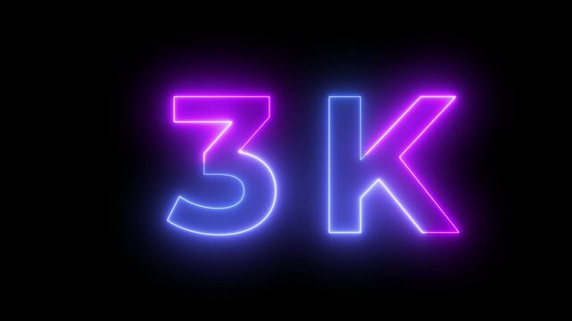 Striking neon blue and purple 3k text illuminated with a radiant glow on a pure black background, representing a digital achievement or metric. Keywords: 3k, three thousand, social media