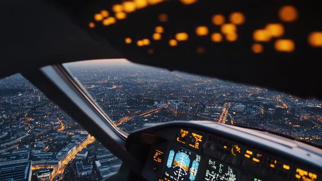 Airplane cockpit view capturing a vast illuminated city at twilight, with navigation instruments glowing and providing a sense of travel, technology, and connection
