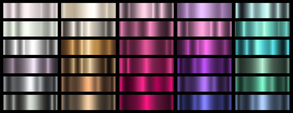 Set of metal gradients in different colors. The texture of metal, foil, shiny background. Vector EPS 10.