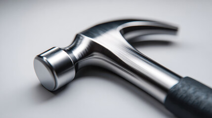 Shiny new metal claw hammer with a sleek black grip lying on a clean surface ready for woodworking and construction projects requiring precision and strength