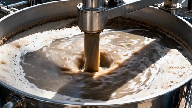 Medium shot capturing turbid juice entering a clarifier showing the swirling motion and initial separation of suspended solids in a dynamic industrial process.