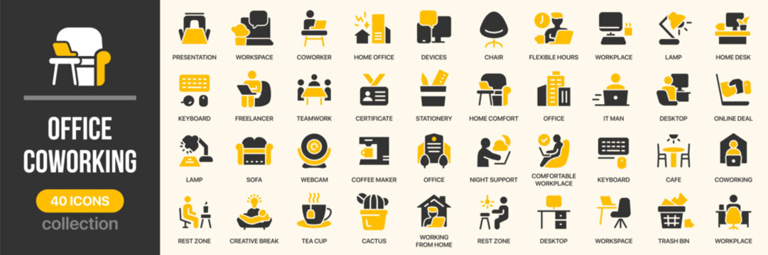 Office and coworking fill icon collection. Includes workspace, freelancer, teamwork, remote work, desk and office symbols. Created in colored style with yellow palette