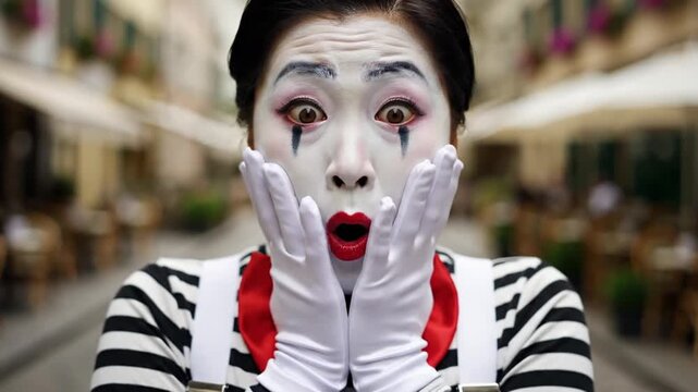 Surprised mime in striped shirt on a European street