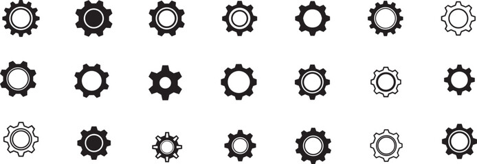 Set of twenty-one gear and cog icons in various minimalist styles, including solid silhouettes and outline designs for settings, configuration, engineering, and industrial UI elements. © Abdul