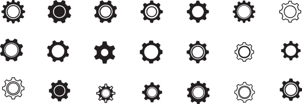 Set of twenty-one gear and cog icons in various minimalist styles, including solid silhouettes and outline designs for settings, configuration, engineering, and industrial UI elements.