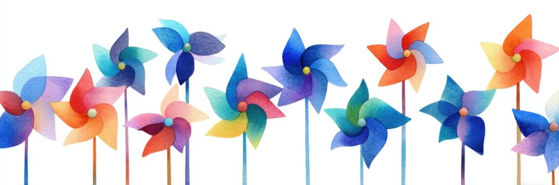 A row of colorful pinwheels on white