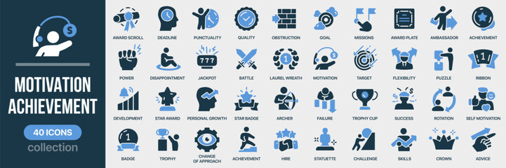 Fototapeta na wymiar Motivation and achievement fill icon collection. Includes success, goal, award, growth, challenge and personal development symbols. Created in colored style with blue palette