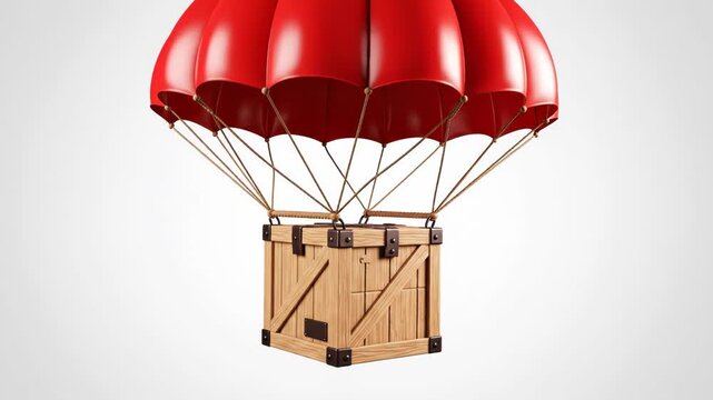 A red parachute carrying a wooden crate isolated on white background