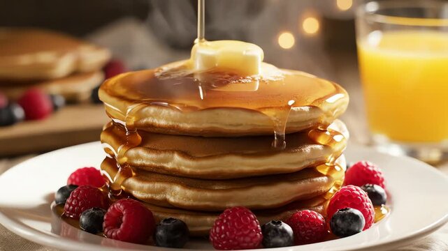 Stack of pancakes with berries and syrup closeup
