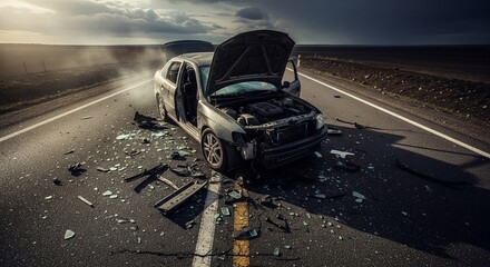 Dramatic car accident scene aftermath with empty road evoking fear up
