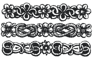 Vintage border vectors. Engraved baroque ornament frieze with floral strapwork and knots. Decorative dividers for certificate and frame