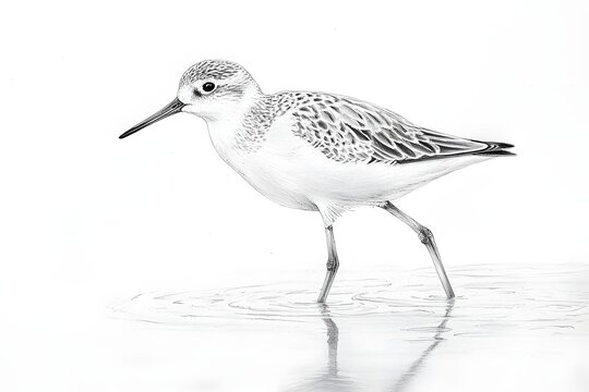 Sandpiper shore scene monochrome pencil wildlife illustration image
