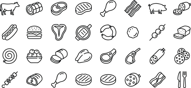 Large meat icon set featuring beef chicken pork sausages steak bacon and deli products for butchery restaurant menu and food industry