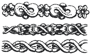 Fototapeta premium Vintage border vectors. Engraved baroque ornament frieze with floral strapwork and knots. Decorative dividers for certificate and frame